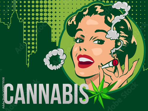 Vintage vector design template with lady cannabis smoker. The joint in her arm. Cannabis leaf