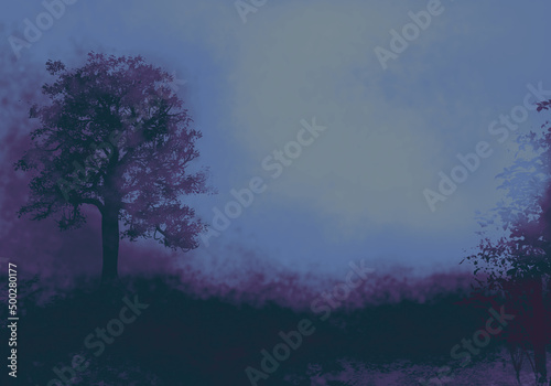 神秘的な霧の森の背景イラスト月明かりや夜明けのイメージ