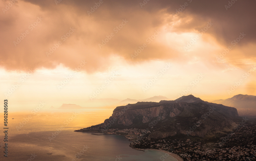 Sunrise at the Coast of Sicily at Capo Gallo, Mondello in spring Italy at the morning sea in Europe Sunrise at the Coast of Sicily at Capo Gallo, Mondello in spring Italy at the morning sea in Europe