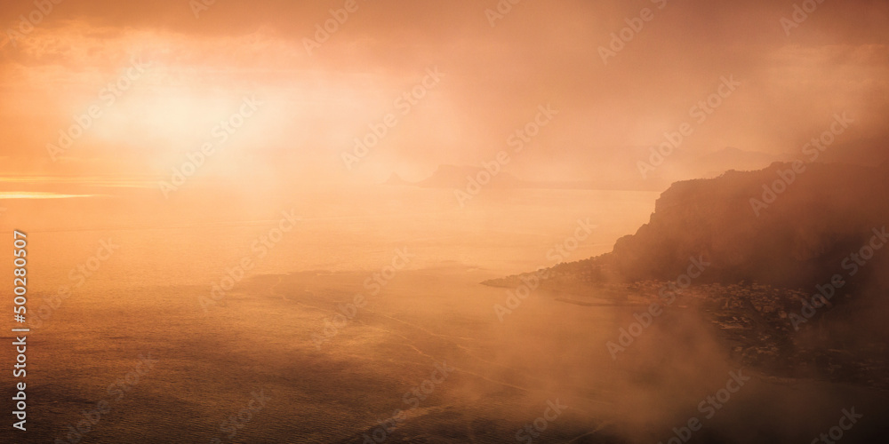 Sunrise at the Coast of Sicily at Capo Gallo, Mondello in spring Italy at the morning sea in Europe Sunrise at the Coast of Sicily at Capo Gallo, Mondello in spring Italy at the morning sea in Europe
