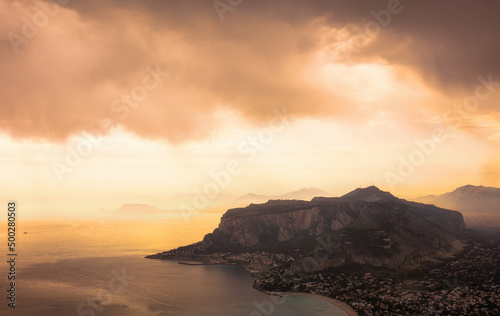 Sunrise at the Coast of Sicily at Capo Gallo, Mondello in spring Italy at the morning sea in Europe
