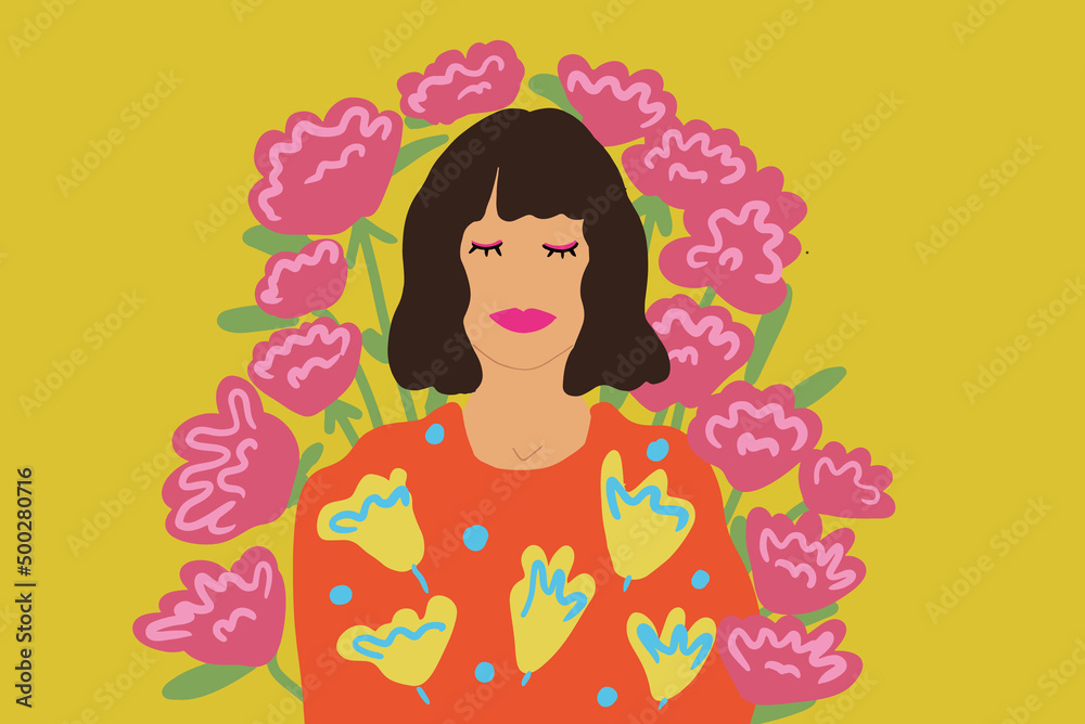 Drawing of a young woman with floral motif on bright background. Beauty art concept. Vector illustration Drawing of a young woman with floral motif on bright background. Beauty art concept. Vector illustration