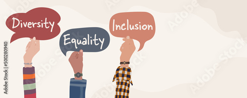 Raised arms of multicultural men and woman holding speech bubble whit text -Diversity - Equality - Inclusion - People of diverse cultures. Banner copy space. Tolerance and acceptance