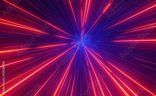 Abstract background using lines spreading from the center to the sides with a bright blue and red stripe pattern which is a 3D rendering.