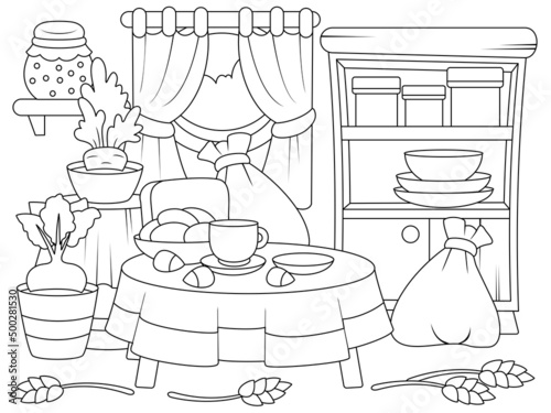 Room interior with furniture. Children coloring book.