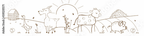Line art farm animals in village on white background. Hand drawn cartoon cow, goat, pig, goose and chick.