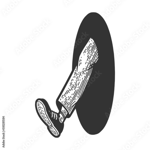 Man coming out of black hole portal sketch engraving vector illustration. T-shirt sticker apparel print design. Scratch board imitation. Black and white hand drawn image.