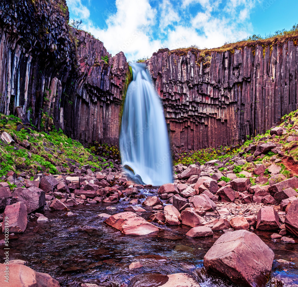Magical landscape with a famous Svartifoss waterfall in the midd
