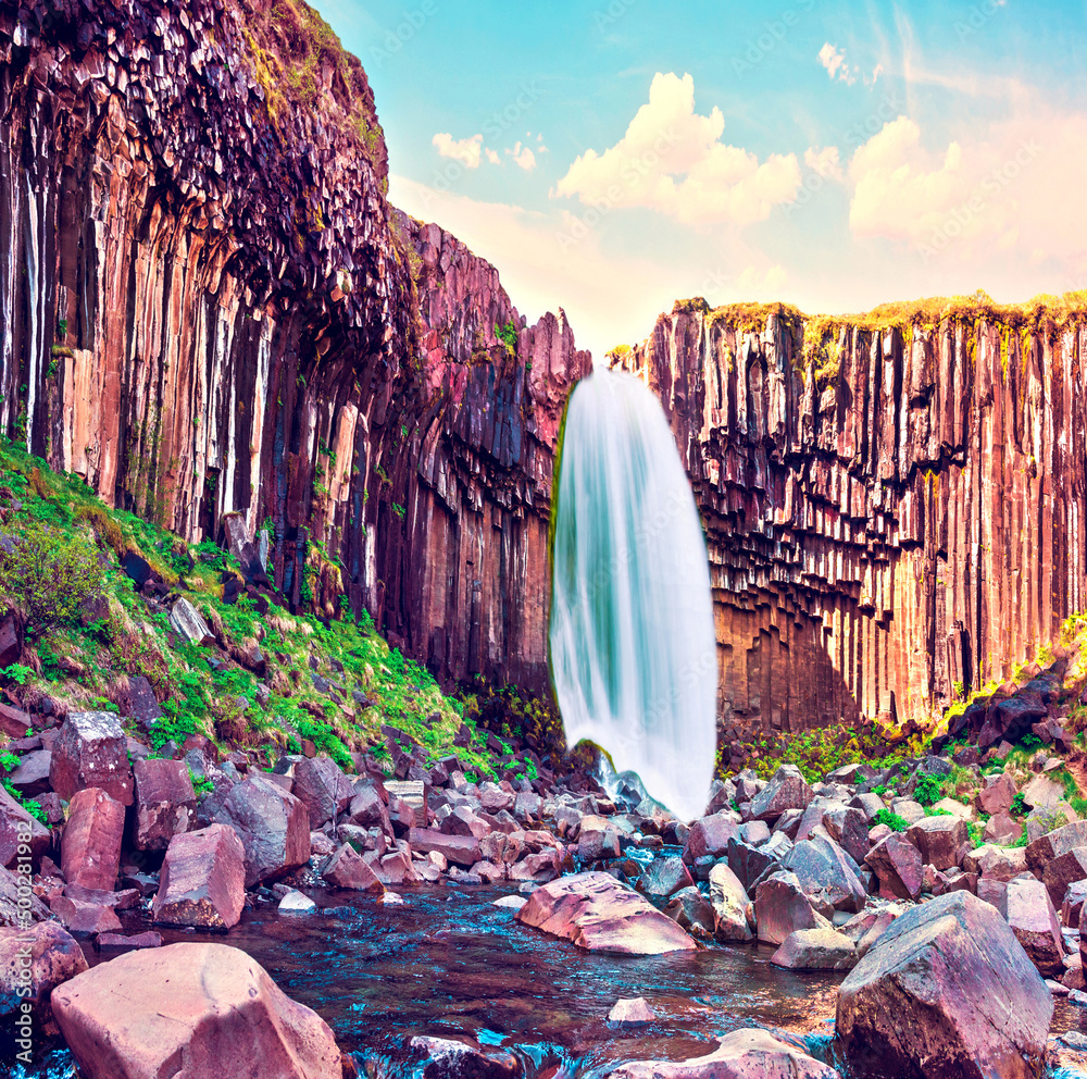 Magical landscape with a famous Svartifoss waterfall in the midd