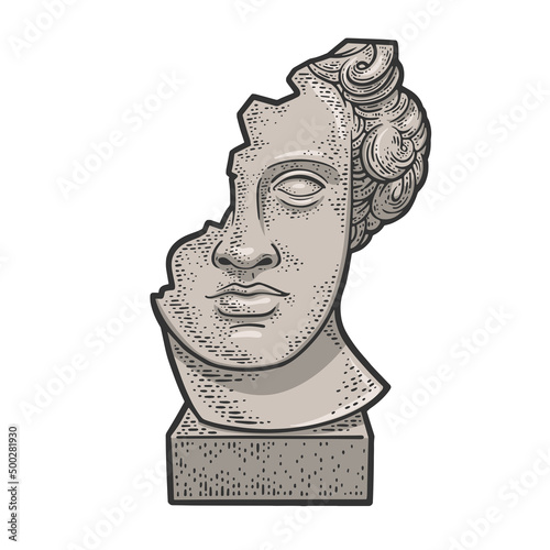 broken head of statue sculpture color sketch engraving vector illustration. T-shirt apparel print design. Scratch board imitation. Black and white hand drawn image.