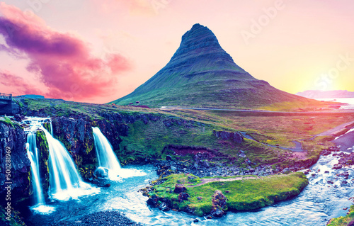 Obraz na płótnie Beautiful natural magical scenery with a waterfall Kirkjufell near the volcano in Iceland. Exotic countries. Amazing places. Popular tourist atraction. (Meditation, antistress - concept). w salonie