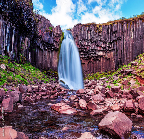Obraz na płótnie Magical landscape with a famous Svartifoss waterfall in the midd w salonie