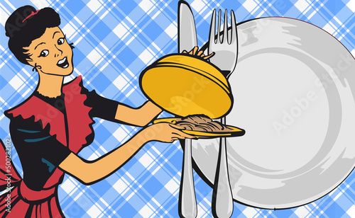 Retro waitress holding with meal and smile