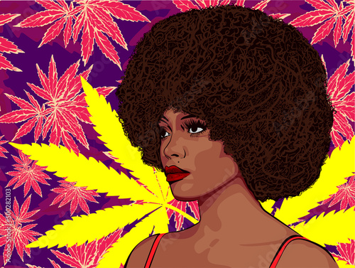 Woman on cannabis leaf background