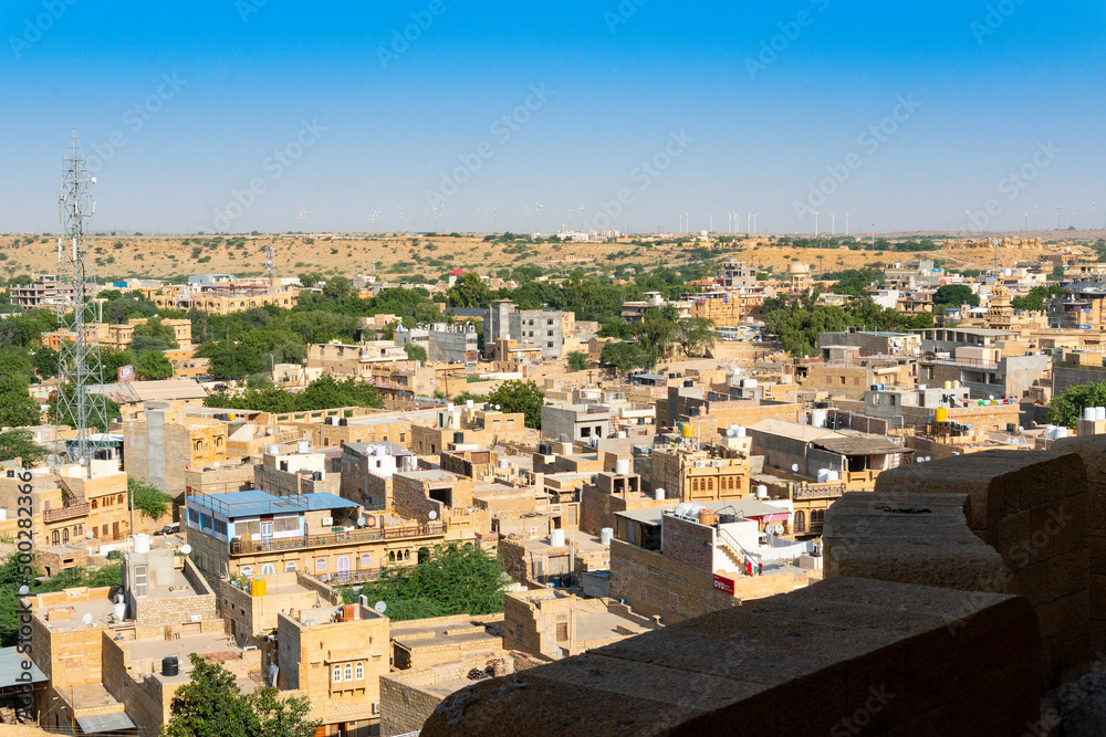 Jaisalmer,Rajasthan,India - October16,2019 : View of Jaisalmer city from inside of Jaislamer Fort or Sonar Quila or Golden Fort. UNESCO world heritage site at Thar desert along old silk trade route.
