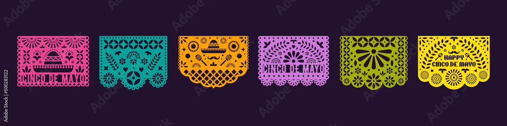 Set of cut out compositions for paper garland. May 5, mexican holiday Cinco de Mayo. Papel Picado templates.