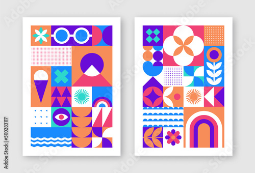 Set of two retro geometric posters. Bauhaus design template. Vector summer time covers.