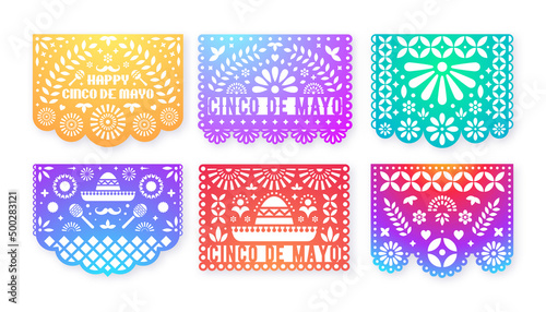 Gradient Papel Picado cards set. Mexican paper decorations for party. Cut out compositions for paper garland. May 5, mexican holiday Cinco de Mayo.