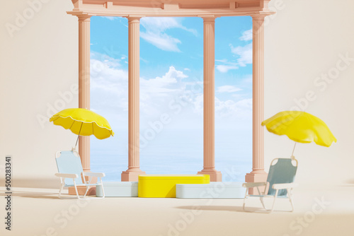 Minimal composition for vacation holiday and summer concept. Beach umbrella , sun lounger,blue sky and tropical leaves. Product display, abstract geometric shape yellow and pink. Trendy 3d render
