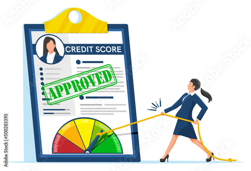 Businesswoman Changing Personal Credit Information. Woman Pushing Arrow to Make Credit History Better. Women Improves Creditworthiness, Credit Score, Approval Solvency. Flat Vector Illustration