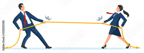 Businesswoman and Businessman Pull of Rope. Man and Woman Tug of War and Look at Each Other. Business Target, Rivalry, Competition, Conflict. Achievement, Goal Success. Flat Vector Illustration