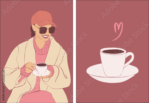 A young girl holds a cup of coffee in her hands. Girl in a cap and coat in a street cafe. Fashion coffee, great design for any purpose. Vector drawing. Natural aromatic drink. Vector concept.