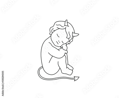 Vector isolated cute cartoon sleeping baby devil with his head on his knees colorless black and white contour line doodle drawing