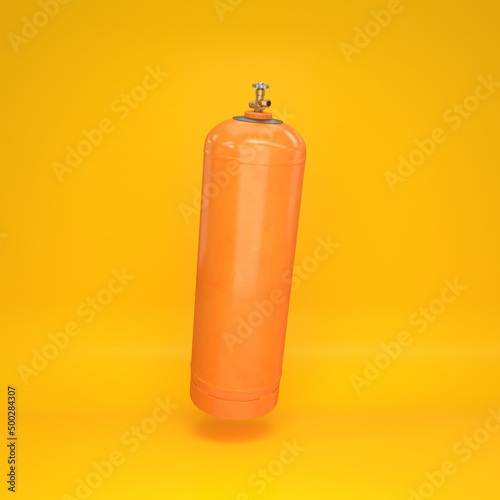 Orange gas cylinder floating on a yellow background, 3d render