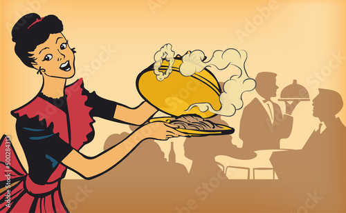 Retro waitress holding with meal and smile on vintage paper