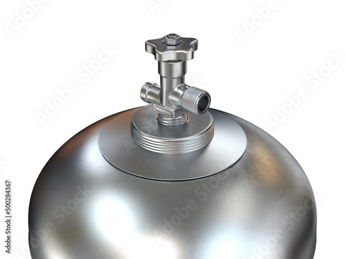 Silver gas cylinder with a valve on a white background, 3d render