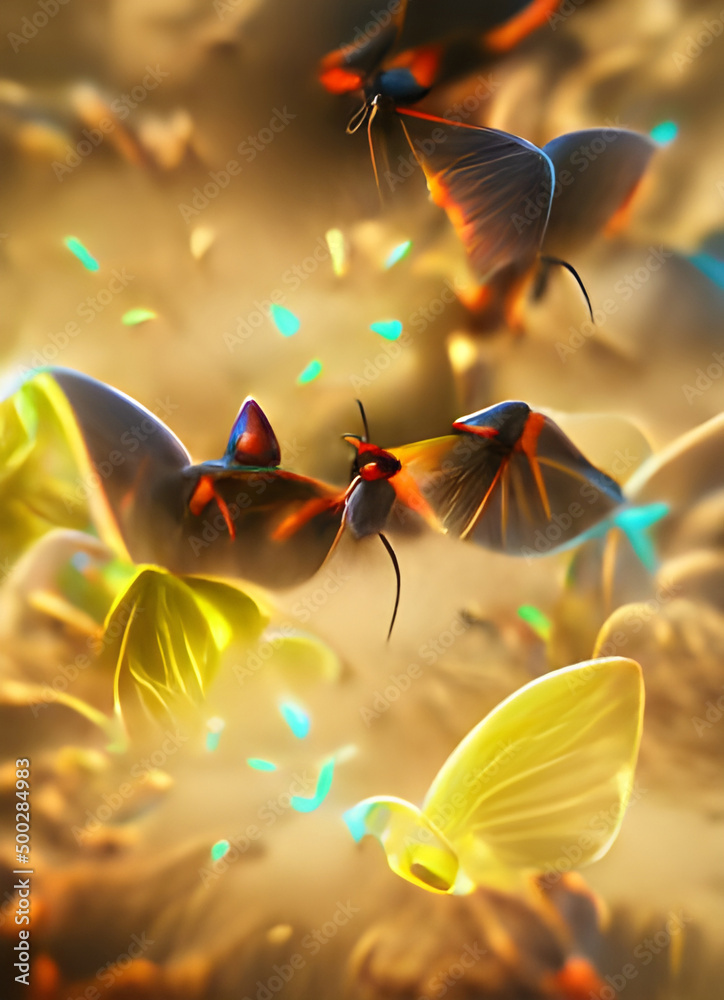 A 3d digital rendering of abstract butterflies of yellow and orange.