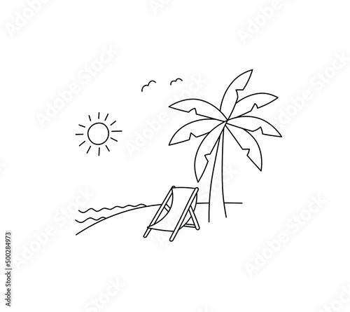 Vector isolated chaise longue under a palm tree on the beach colorless black and white contour line graphic drawing 