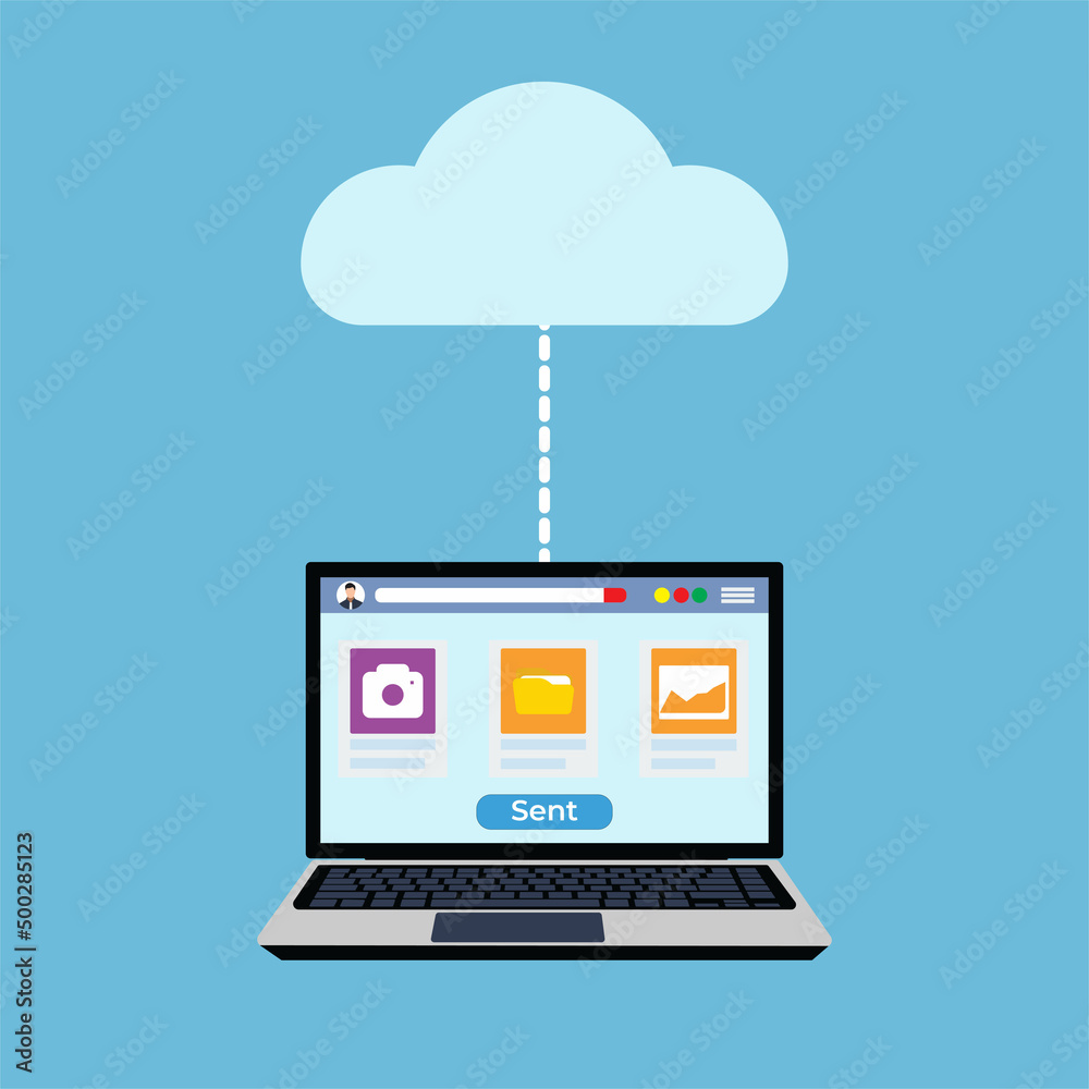 Files and information transferring to cloud storage concept. Cloud server and storage concept with a laptop sharing files. Image file and camera icon inside a laptop, data transformation concept. Files and information transferring to cloud storage concept. Cloud server and storage concept with a laptop sharing files. Image file and camera icon inside a laptop, data transformation concept.