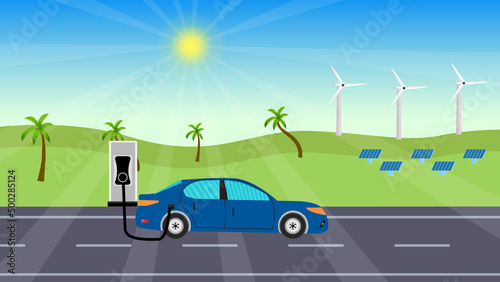 Fototapeta Naklejka Na Ścianę i Meble -  An electric car gets power from a power booth concept. Natural power supply idea with a blue car. Windmills and solar panels create natural power, and cars charge with electricity.