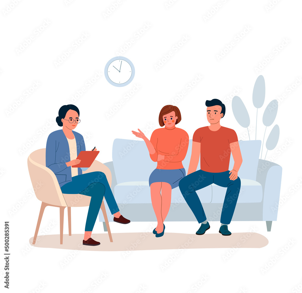Sad family talking with psychologist on the sofa. Vector flat style illustration Sad family talking with psychologist on the sofa. Vector flat style illustration