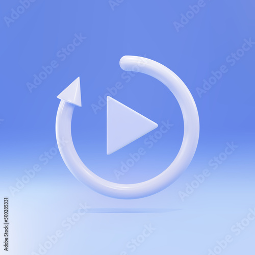 3d Video play button like simple replay icon isolated on blue background. Vector illustration.