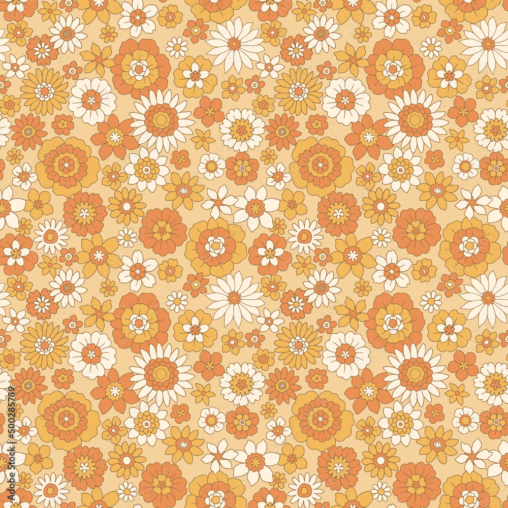Colorful 60s -70s style retro hand drawn floral pattern. Beige white flowers. Vintage seamless vector background. Hippie style, print  for fabric, swimsuit, fashion prints and surface design. Stock.