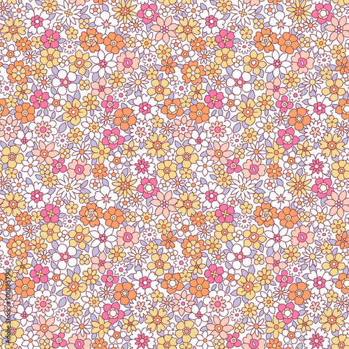 Colorful 60s -70s style retro hand drawn floral pattern. Multicolored flowers. Vintage seamless vector background. Hippie style, print  for fabric, swimsuit, fashion prints and surface design. Stock.