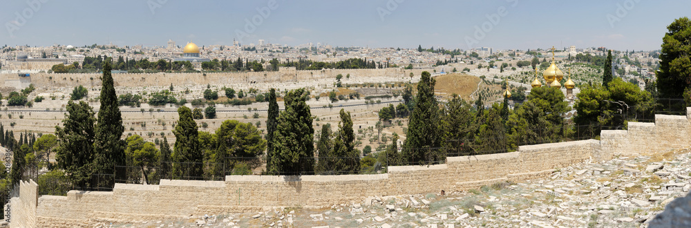 Panorama of old Jerusalem, Mount of Olives and Kidron Valley