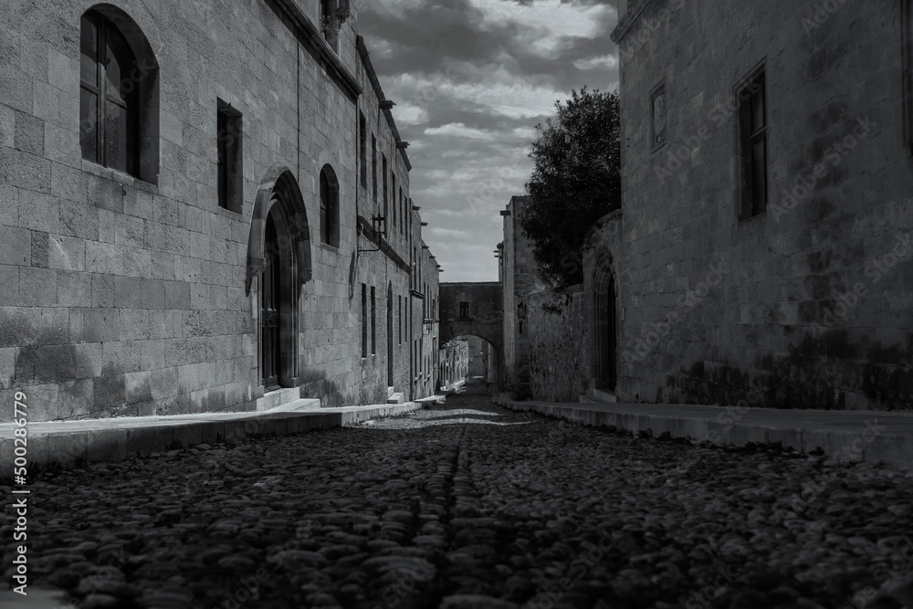 Street of the knights in Rhodes Greece in Black and White.