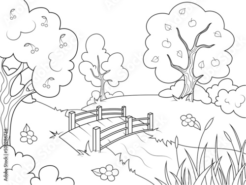 Landscape nature, garden with trees and river. Wooden bridge. Children coloring book. photo