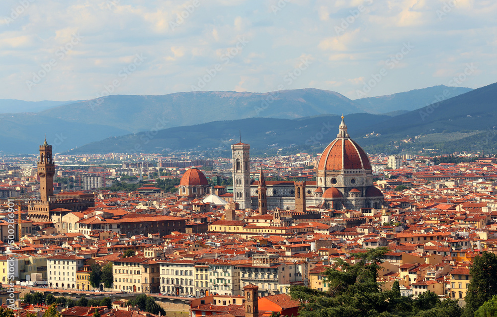 City of Florence in the Region of Tuscany in Central Italy in Southern Europe with the great dome of the Duomo and the bell tower of the artist Giotto di Bondone