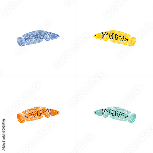 set of yellow and blue channa snakehead fish icons