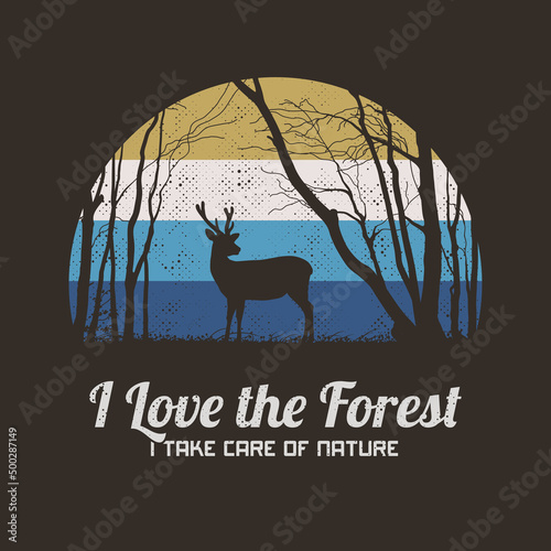 Lonely deer in nature reserve. Animal in forest. Retro vintage t-shirt