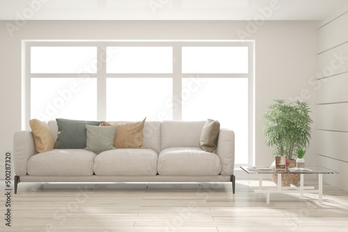 White living room with sofa. Scandinavian interior design. 3D illustration