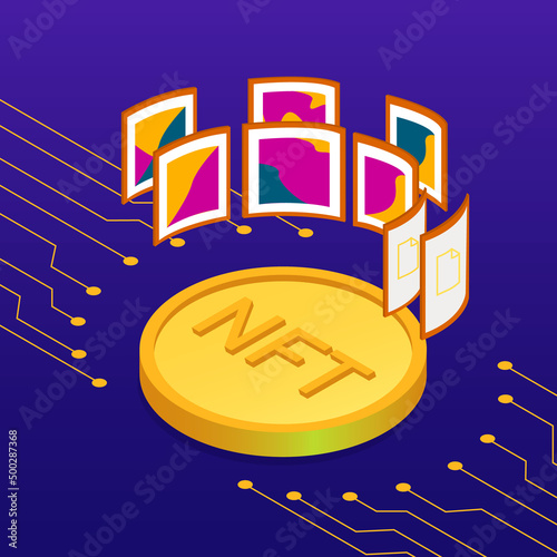 NFT non fungible token. Gold coin NFT and paintings. Crypto art investing concept. NFT art. NFT gallery. NFT marketplace. Vector illustration.