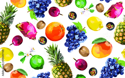 Fototapeta Naklejka Na Ścianę i Meble -  Big tropical fruit mix seamless pattern. illustration with exotic juicy fruit. Pineapple, feijoa, aronge, papaya, pitaya, lime, lemon, grape set. Nice colorful summer picture for fabric, wallpaper