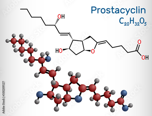 Prostacyclin, prostaglandin I2, PGl2, epoprostenol molecule. It is prostaglandin member of the eicosanoid family of lipid molecules. Structural chemical formula and molecule model.