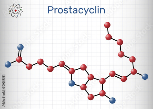 Prostacyclin, prostaglandin I2, PGl2, epoprostenol molecule. It is prostaglandin member of the eicosanoid family of lipid molecules. Molecule model. Sheet of paper in a cage photo