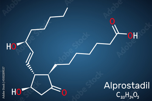 Prostaglandin E1, PGE1, alprostadil molecule. It is potent vasodilator agent, medication used to treat erectile dysfunction. Structural chemical formula on the dark blue background